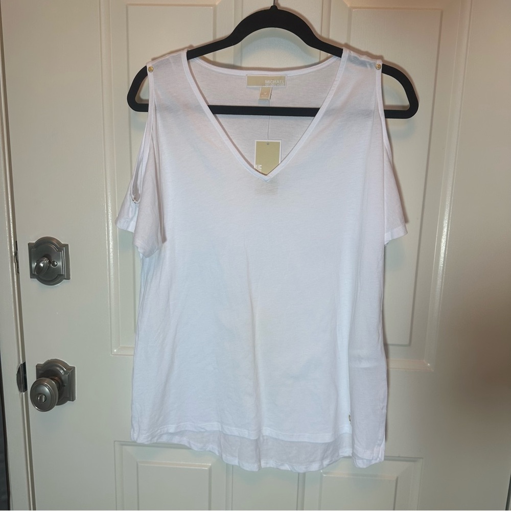 MICHAEL Michael Kors White V-Neck Blouse, Cold Shoulder, Women’s M
